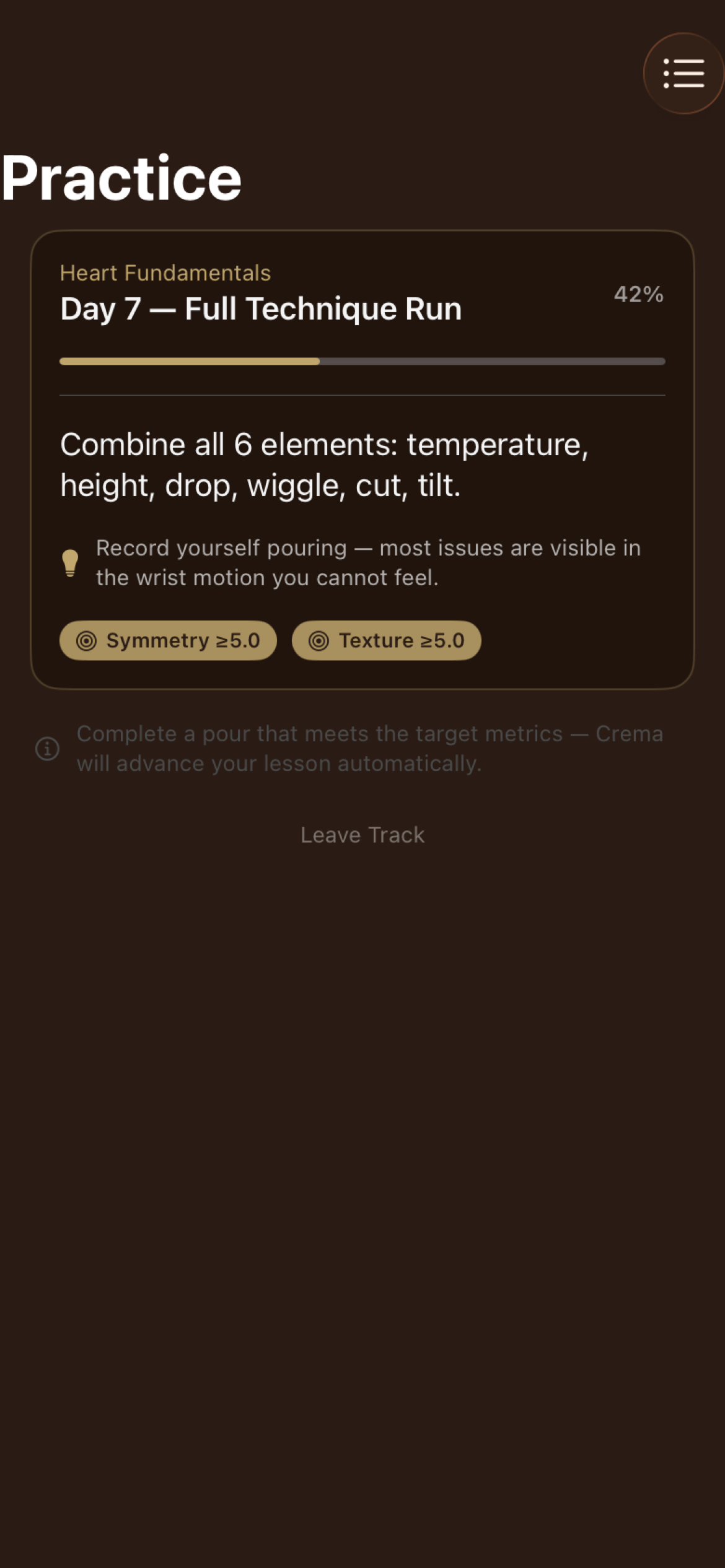 Crema Practice tab showing Coach Insights, monthly focus drill, and daily skill track lesson