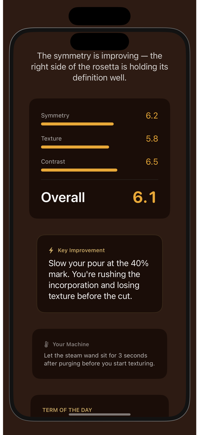 Crema feedback card showing a specific Key Improvement with actionable technique advice