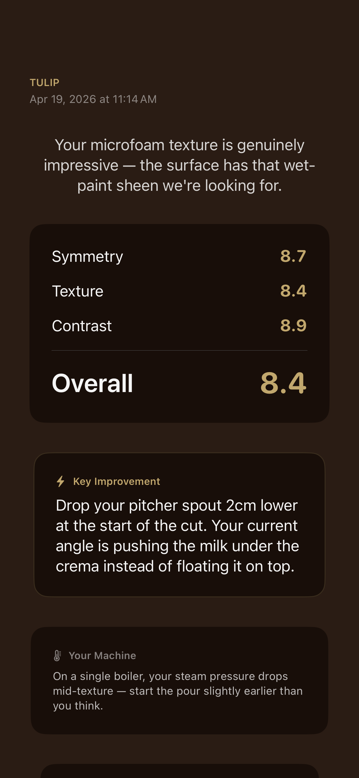Crema session detail showing a specific Key Improvement with actionable technique advice